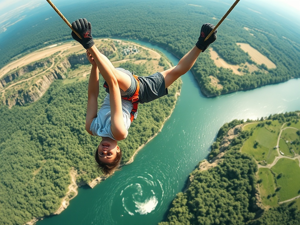 bungee jumper upside down at lowest point above river, cord stretched, adrenaline moment