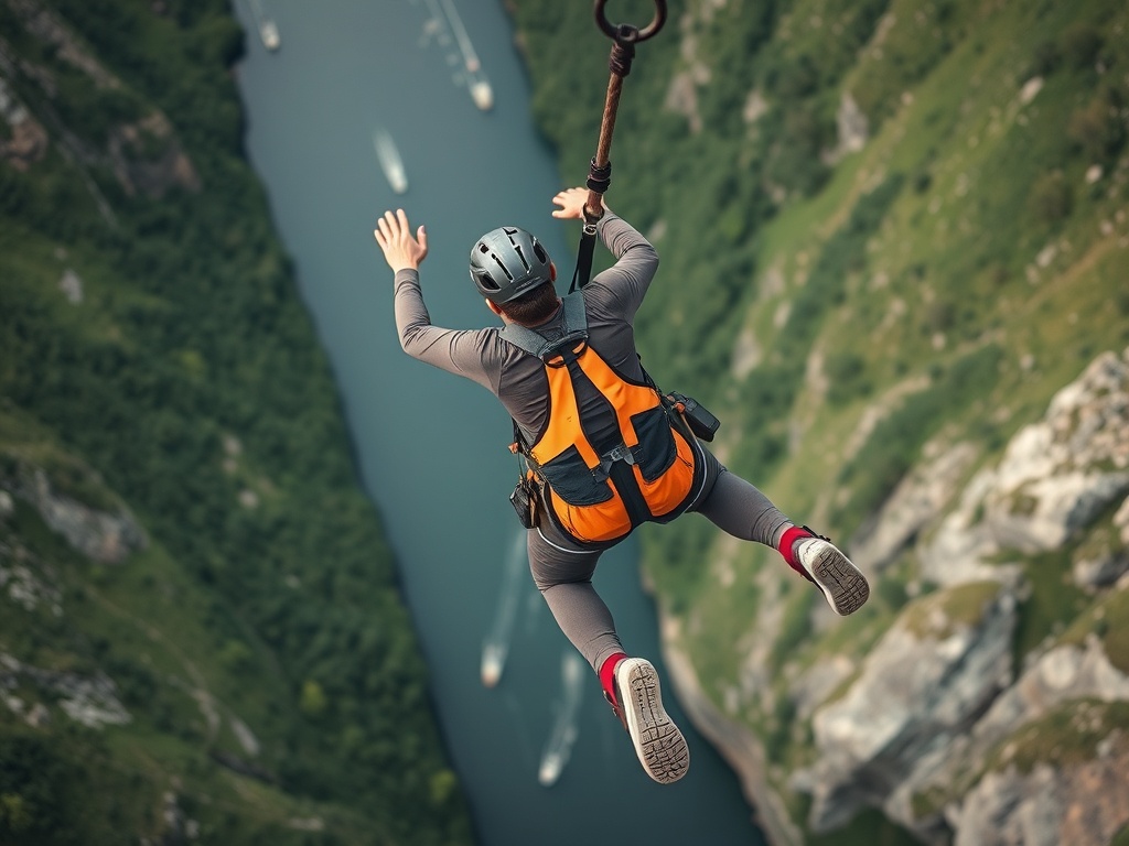 bungee jumper wearing secure harness, athletic clothing, shoes tightly fastened, minimal gear