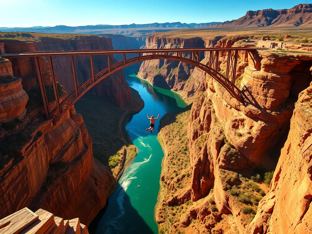 dramatic canyon bridge with bungee jumper mid-air, turquoise river below, golden hour lighting