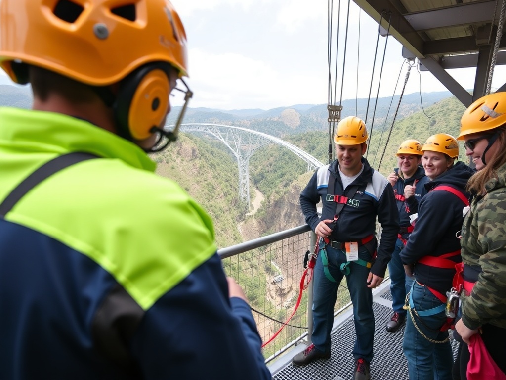 instructor explaining bungee safety procedure to group on platform, harness demonstration