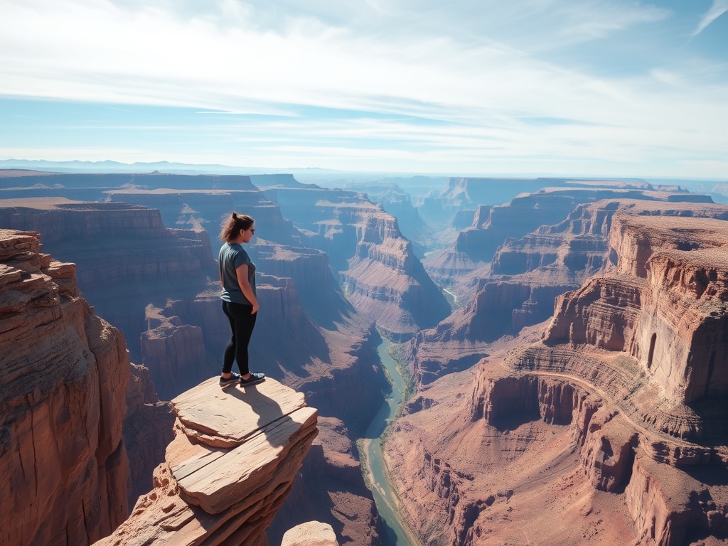 person standing on edge of platform looking down into vast canyon, wind blowing, intense focus