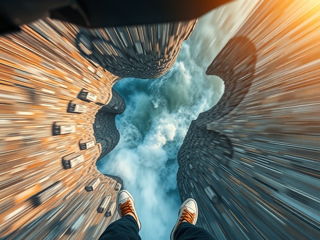 point of view from jumper looking down during fall, dramatic depth and motion blur