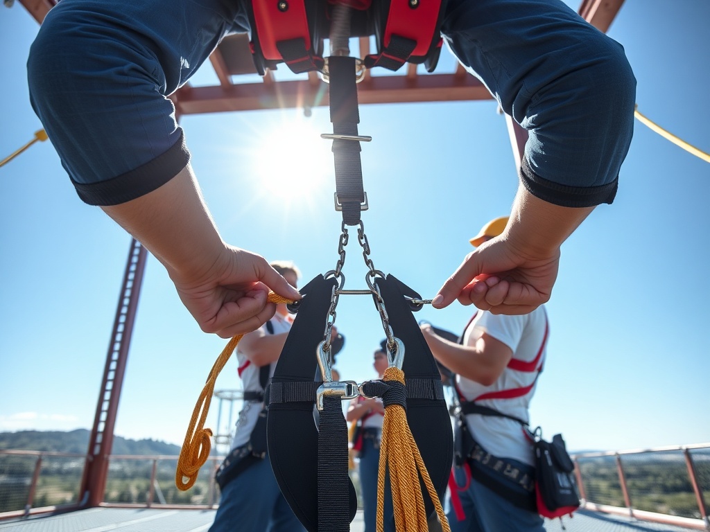 professional bungee crew preparing harness and cords, safety equipment close-up, organized platform