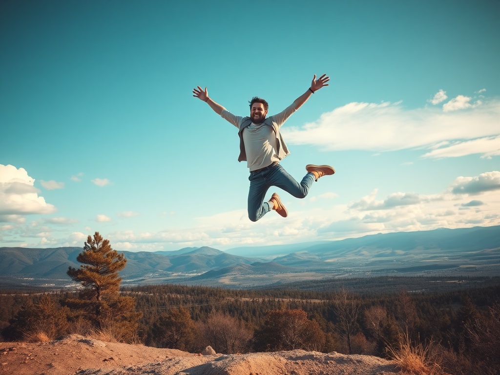 smiling jumper being lowered to ground, relief and excitement, scenic background