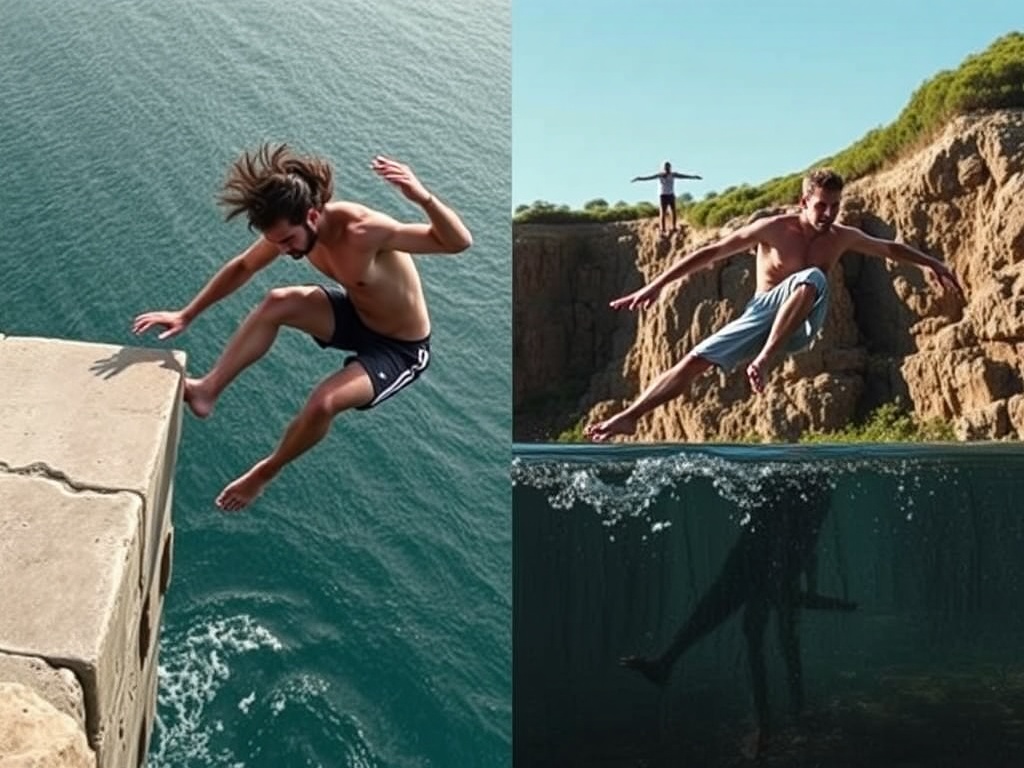 split scene showing hesitant jumper gripping edge vs confident jumper diving cleanly