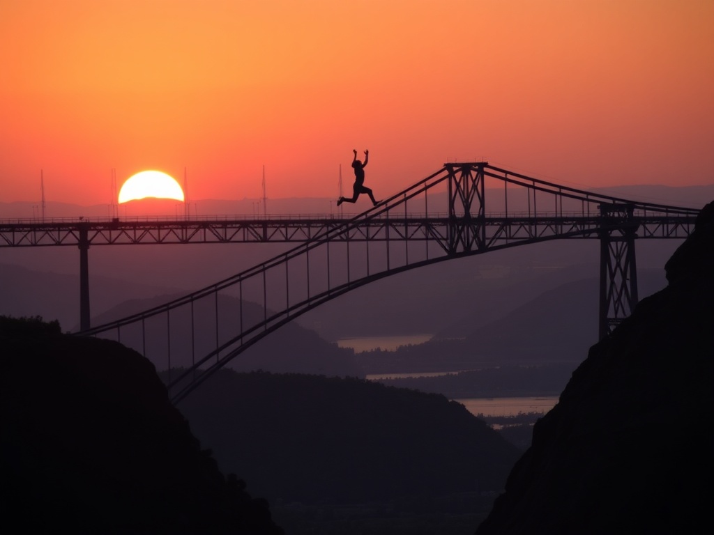 wide scenic view of bridge with jumper silhouette against sunset, sense of scale and achievement