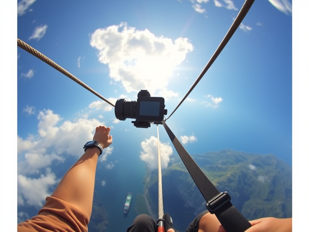 action camera capturing bungee jump moment, dynamic perspective from jumper viewpoint