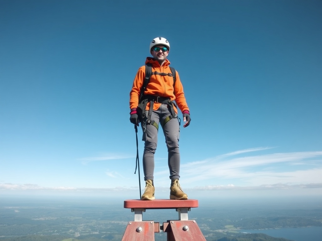 adventure traveler wearing athletic outfit and secure shoes ready for bungee jump platform