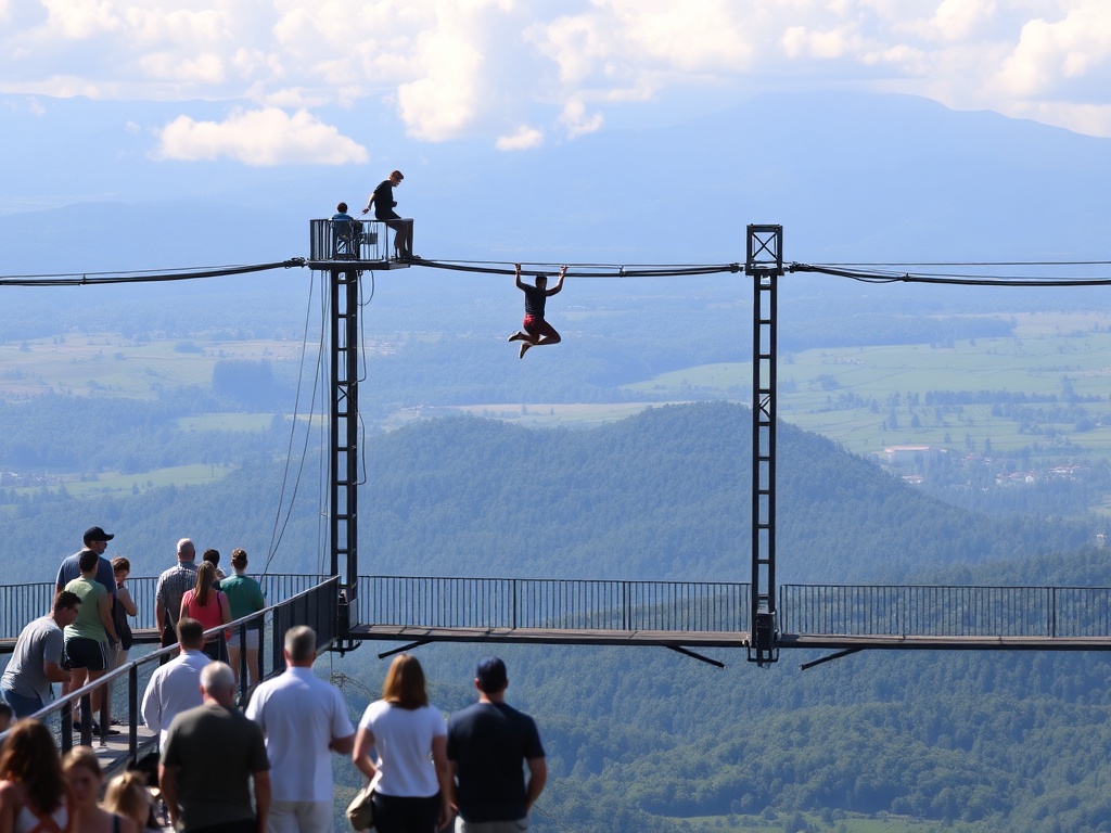 bungee platform with people watching others jump, anticipation, scenic background