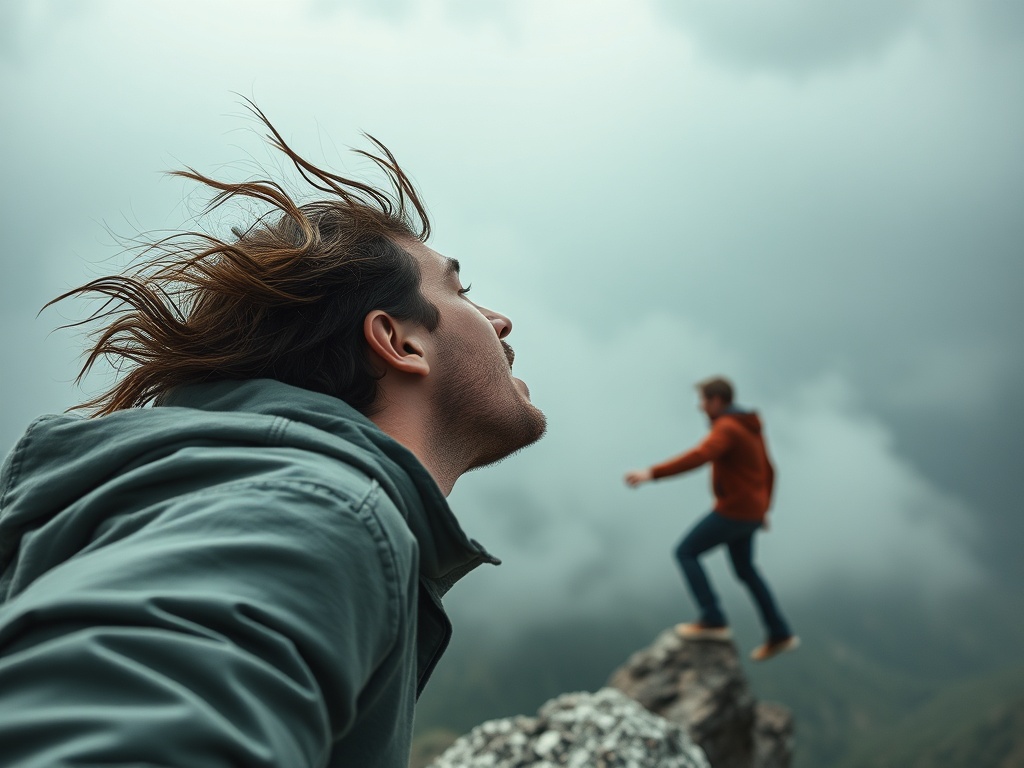 close emotional moment before jump, person taking deep breath on edge, wind, dramatic tension
