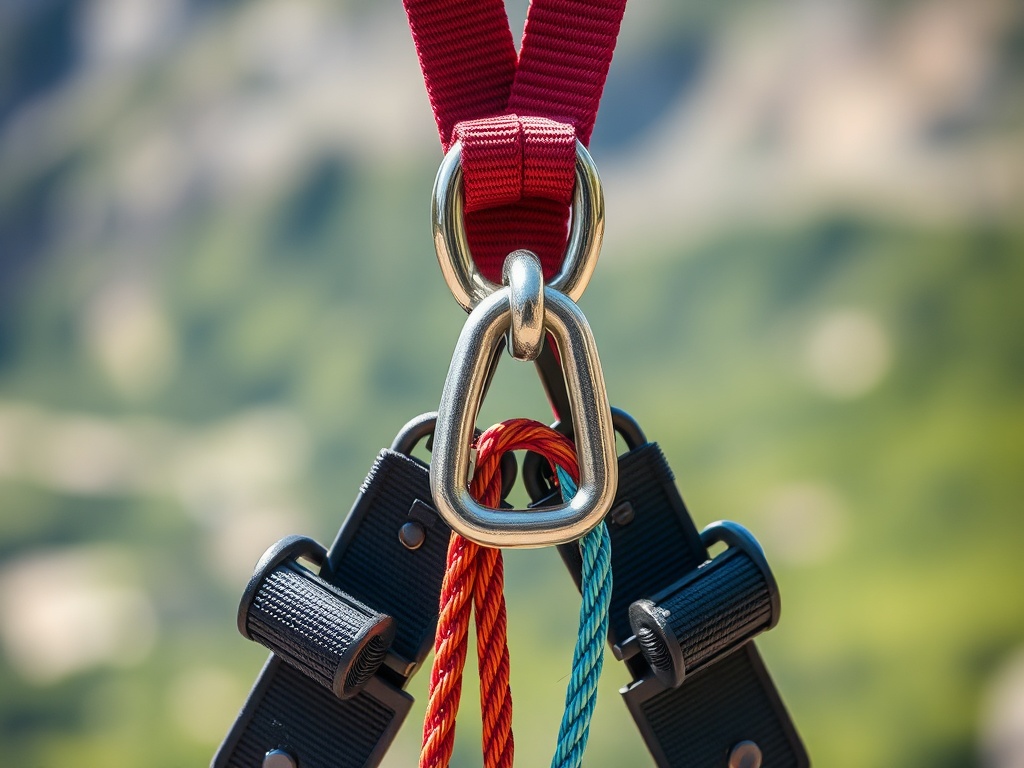 close-up of bungee cord harness system, safety gear, professional setup, detailed ropes and carabiners