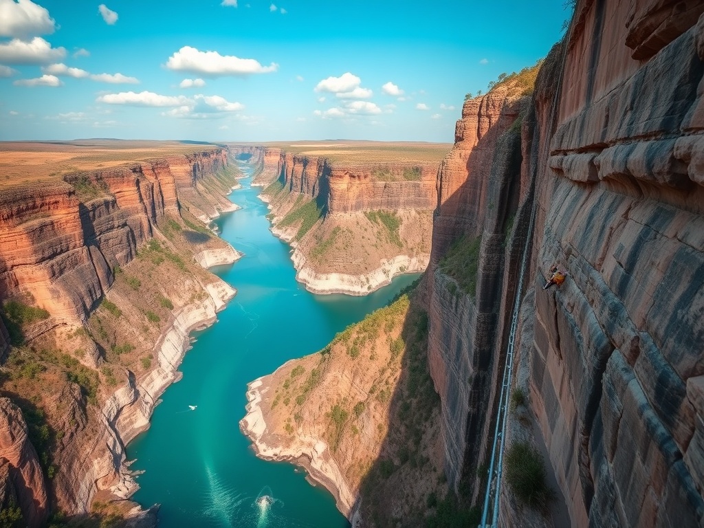 dramatic cliffside bungee jump over turquoise river, wide scenic landscape, high adrenaline perspective
