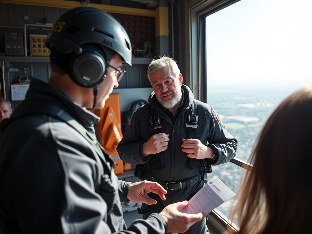 instructor explaining safety instructions to jumper, harness fitting, focused environment