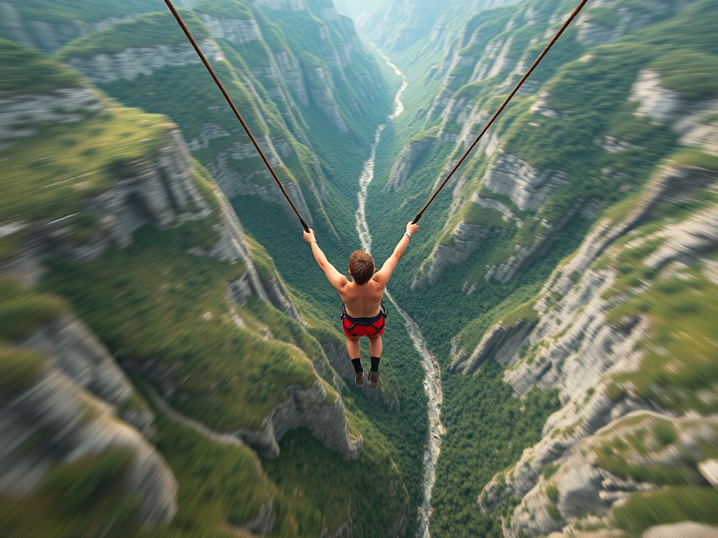 mid-air bungee jump freefall with stretched cord, dramatic valley below, motion blur
