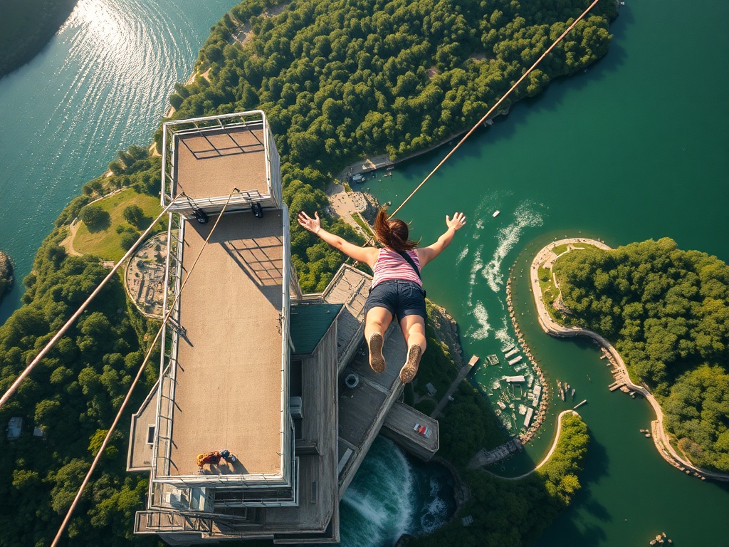 person diving forward off platform in clean bungee jump form, dynamic motion captured mid-air