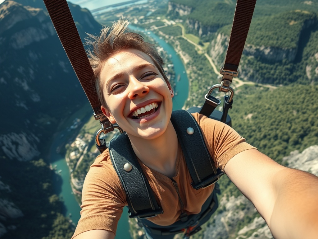person smiling after bungee jump, relief and excitement, scenic background