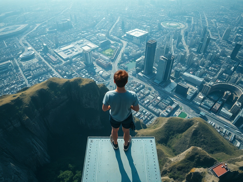 person standing on platform looking down preparing mentally for jump, emotional anticipation, high viewpoint