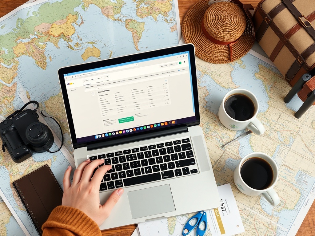 travel planning scene with laptop booking adventure activity, maps, tickets, coffee, organized setup