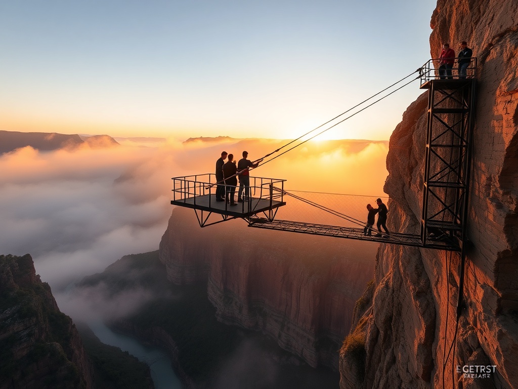 a dramatic bungee jumping platform overlooking a deep canyon at sunrise, mist rising, safety crew preparing equipment