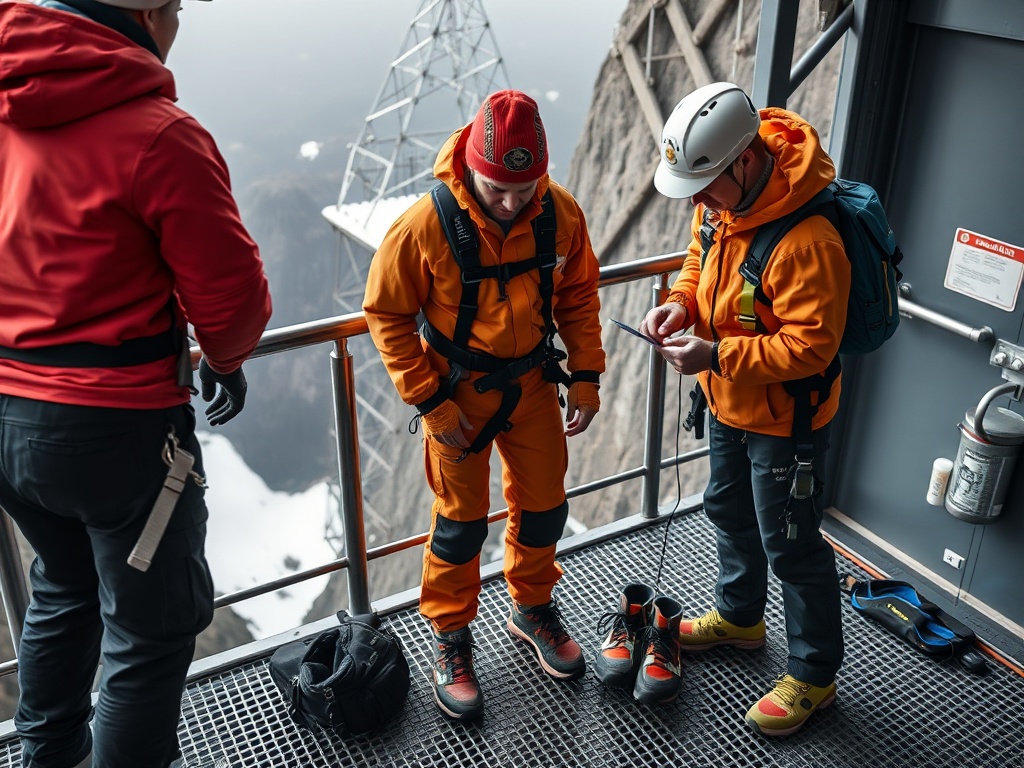 adventurer gearing up with secure clothing and shoes at a jump platform, staff checking outfit for safety