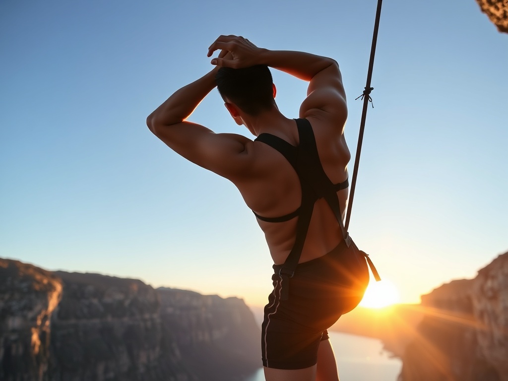 athletic person stretching near a scenic cliffside before a bungee jump, sunrise lighting, calm preparation mood