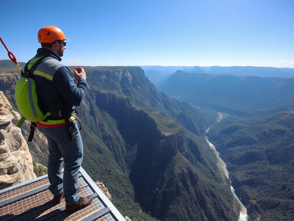 bungee jump instructor giving final instructions to a nervous jumper on a high platform, dramatic valley below