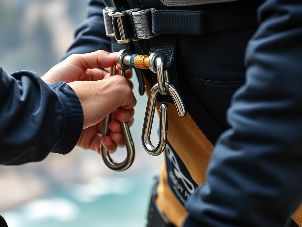 close-up of bungee harness system being secured, professional staff checking carabiners and cords, high-detail safety gear