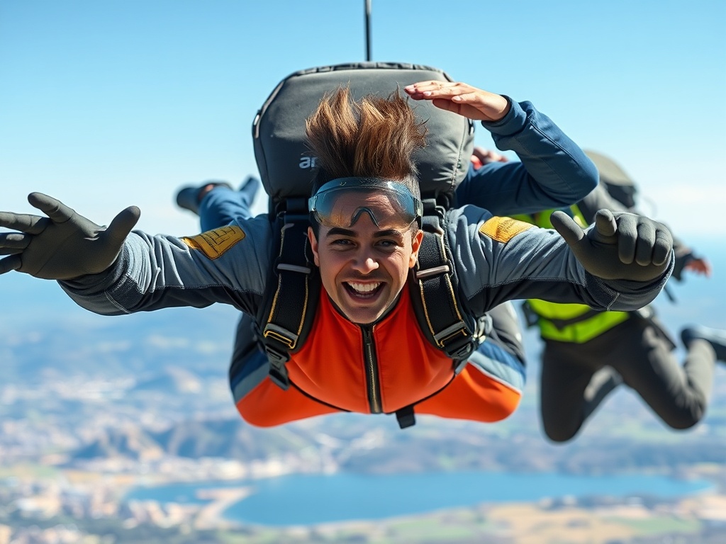 jumper smiling with relief and excitement after landing, staff assisting, scenic background