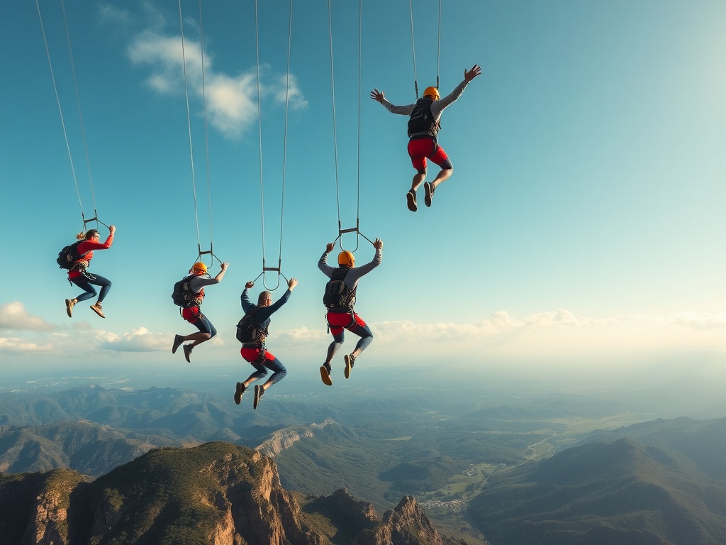 multiple bungee jumpers in different styles mid-air over a dramatic landscape, showcasing progression and confidence
