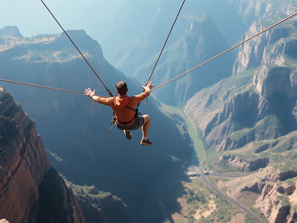 person mid-air during a bungee jump, cord fully extended over a canyon, dynamic motion and sense of freedom