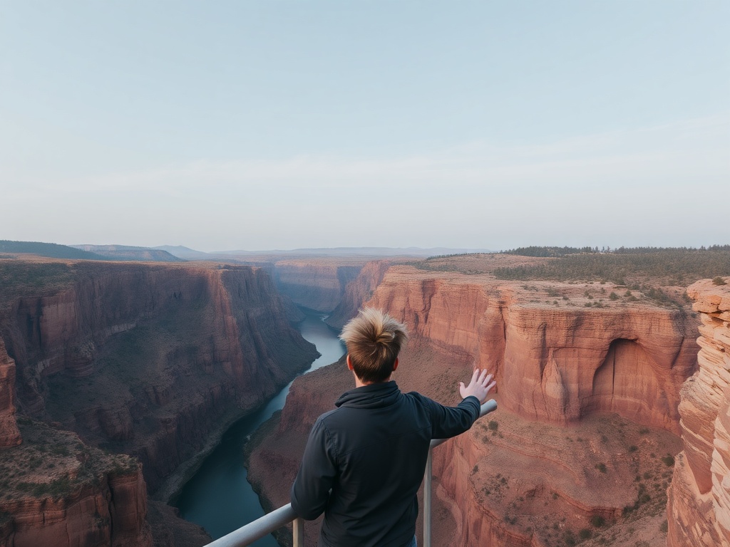 person standing on a high bridge looking down into a river canyon, gripping the railing, wind blowing, sense of scale and height