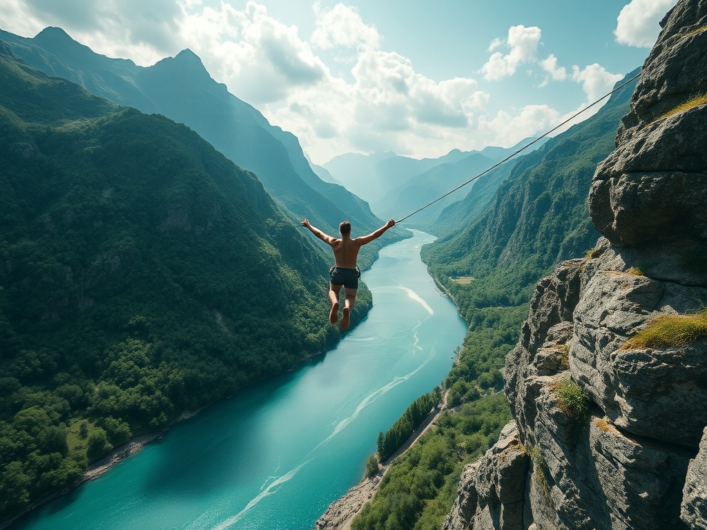 bungee jumper mid air over river with mountains wide cinematic shot