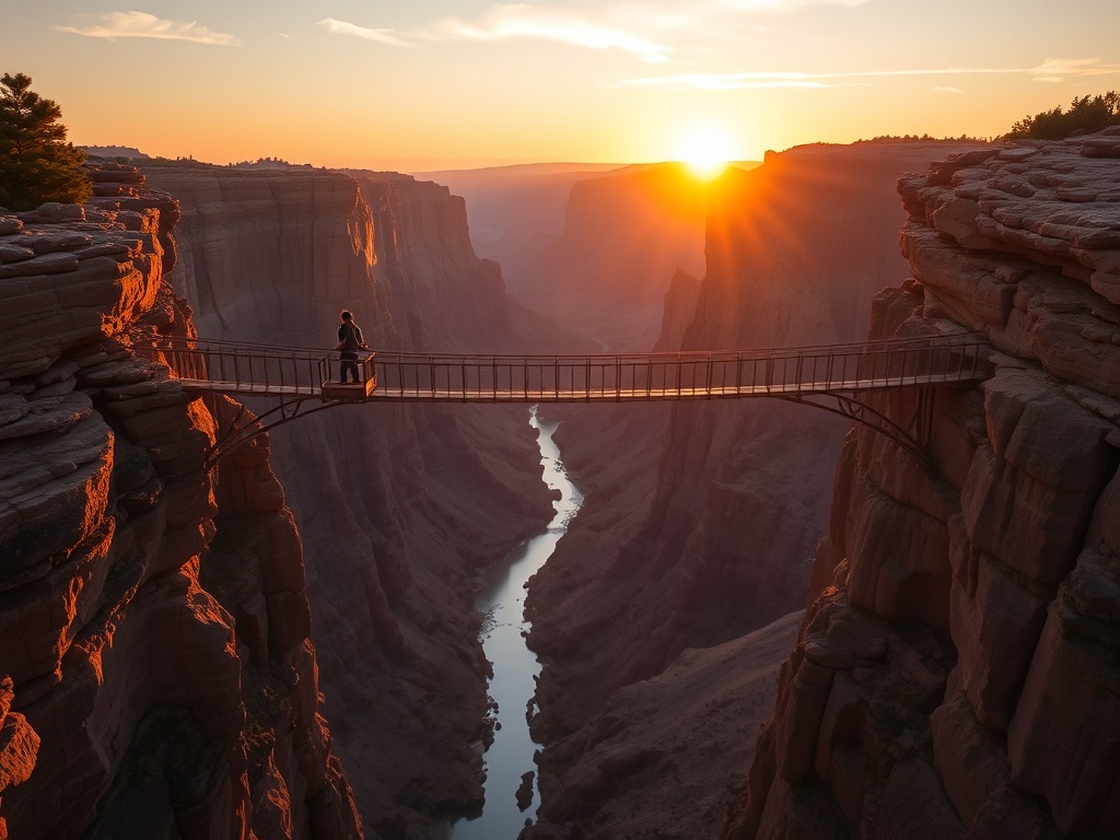 dramatic canyon bridge with bungee platform sunset golden light adventure travel aesthetic