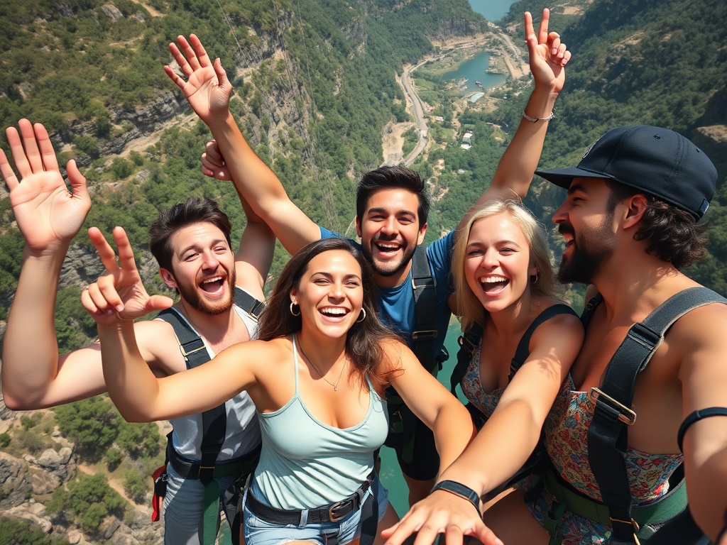 group of friends cheering after bungee jump laughing high energy celebration outdoor adventure