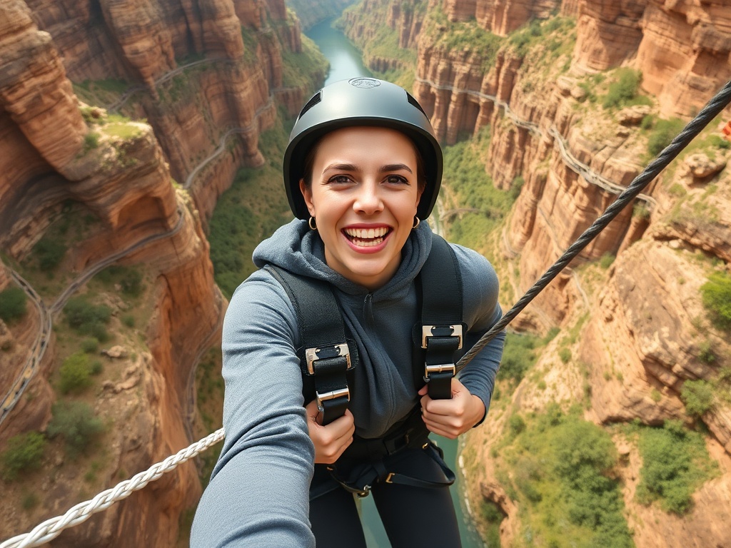 person smiling nervously but excited in bungee gear before jump surrounded by scenic canyon