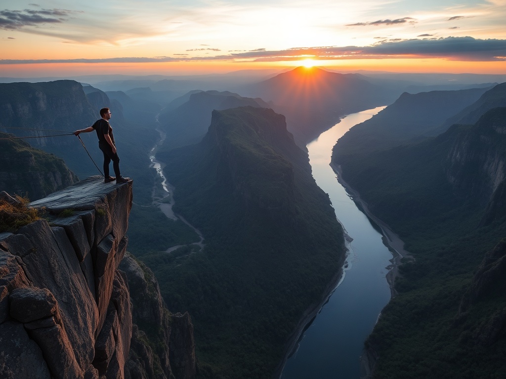 person standing at edge of high bridge preparing for bungee jump dramatic landscape sunrise adrenaline moment