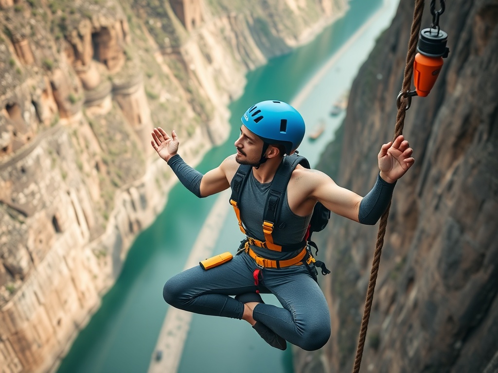 adventurer meditating and stretching before bungee jump, focused mindset