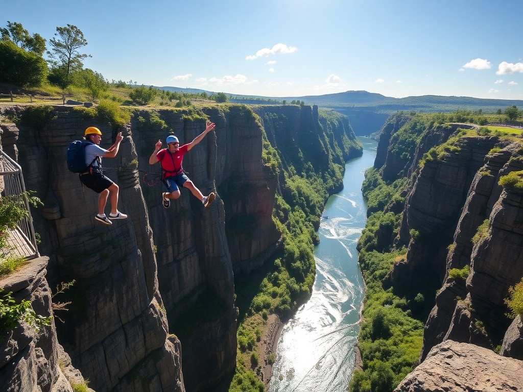 adventurous bungee jumpers leaping off a towering cliff into a scenic river below, sunlight glinting on the water, vibrant surroundings