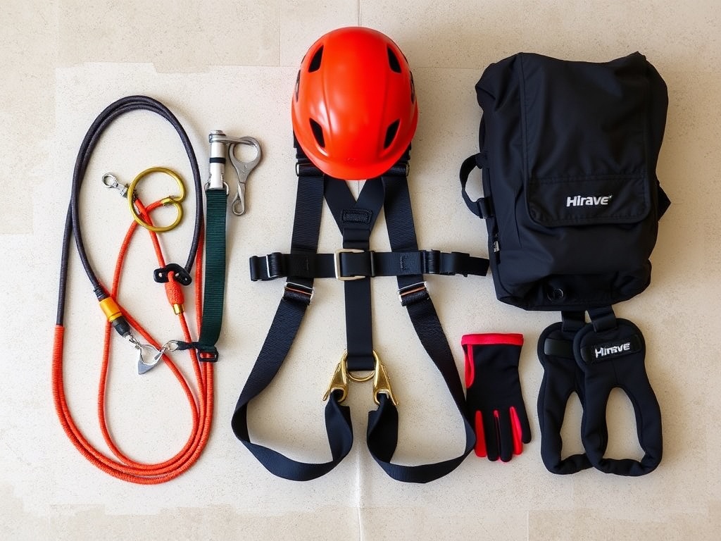 bungee jump gear laid out neatly: harness, helmet, cord, gloves