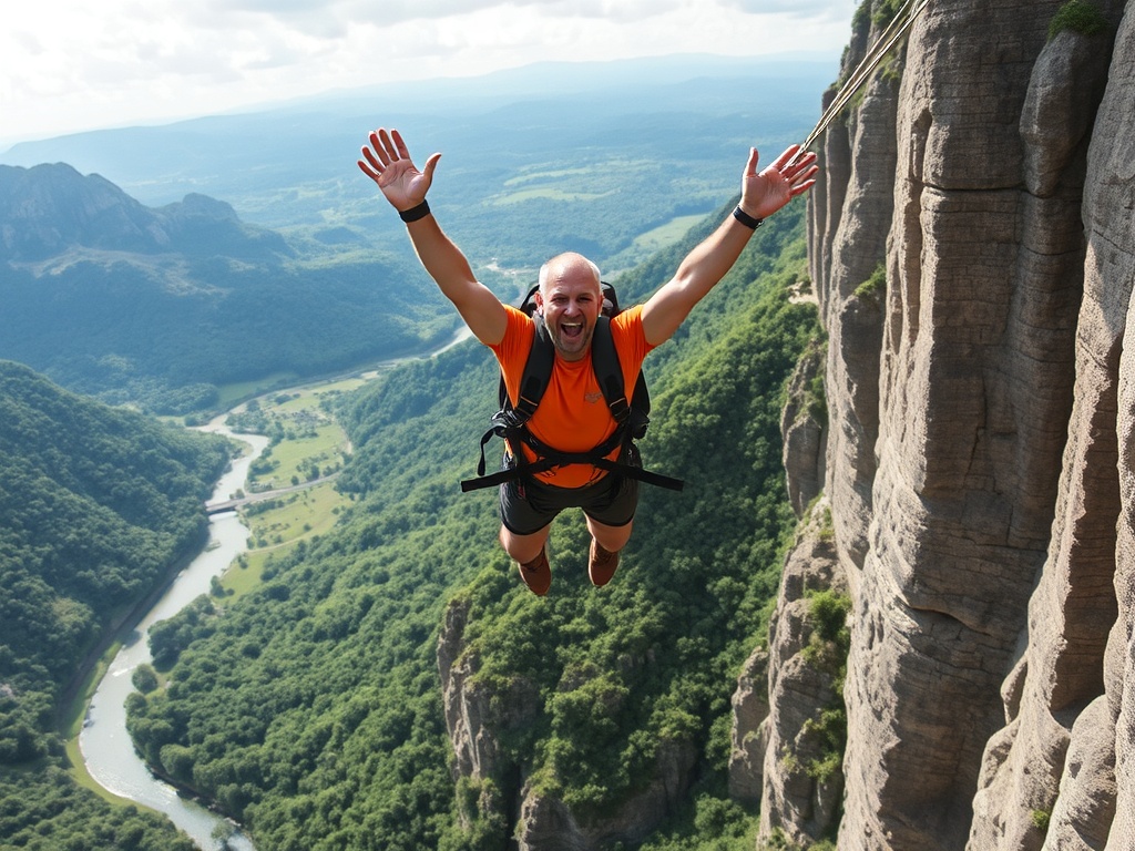 bungee jumper landing safely, triumphant and exhilarated, scenic background