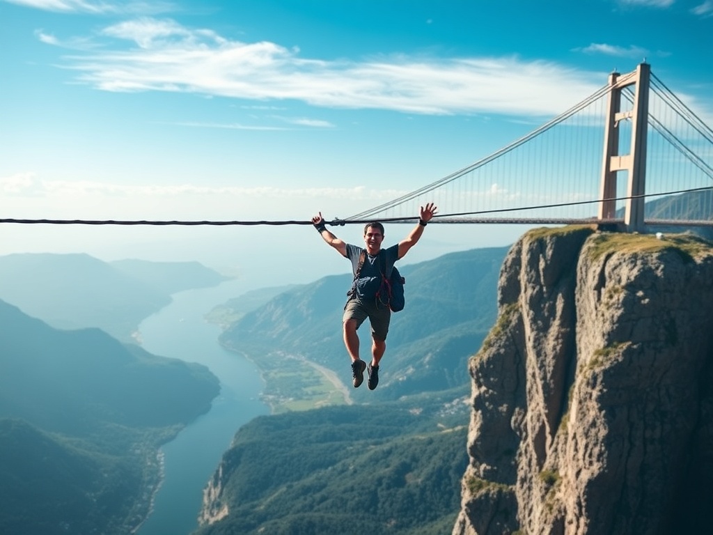 bungee jumpers soaring from iconic global bridges and towers, dramatic landscape