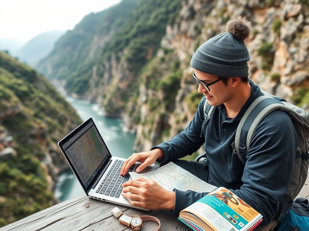 traveler planning bungee trip with maps and itinerary, laptop and guidebook