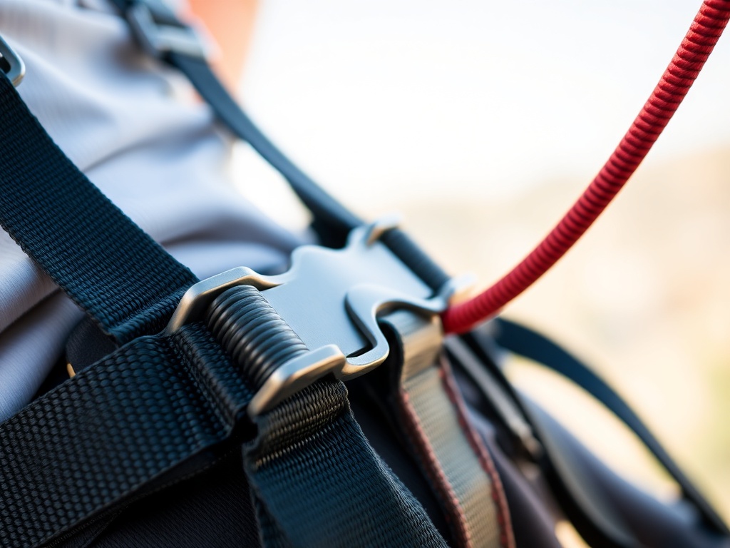 A close-up of safety equipment, including the harness and bungee cord, ready for a jump.