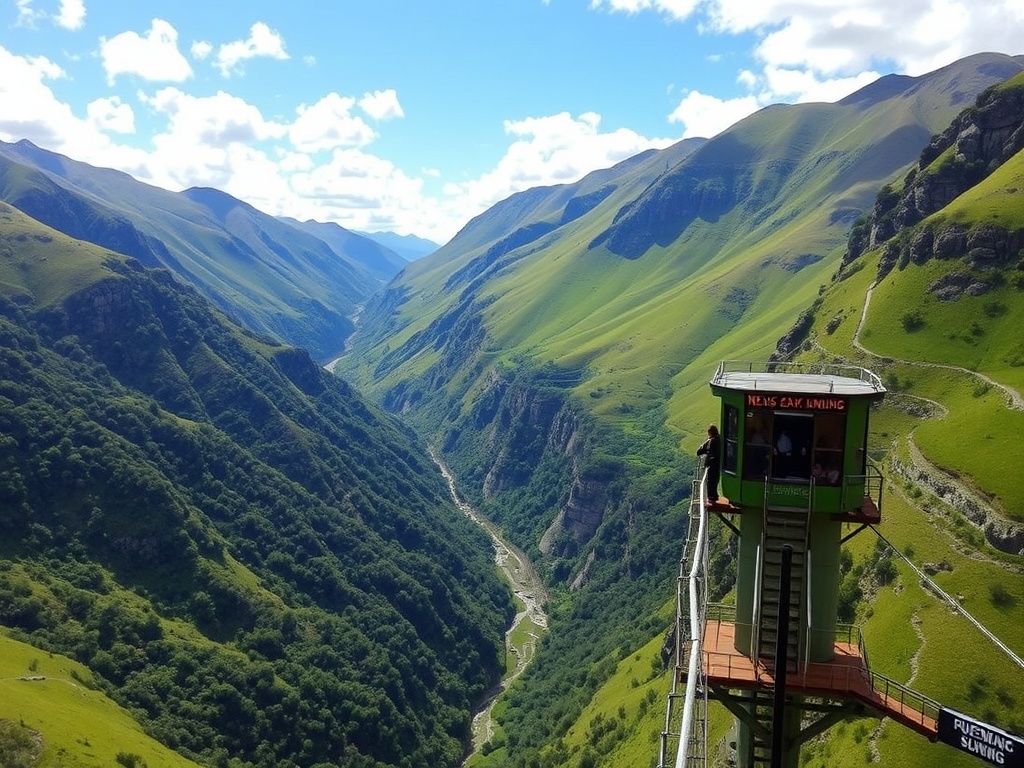 A picturesque view of Queenstown's Nevis Bungy jumping platform, with lush green hills and a deep valley below.