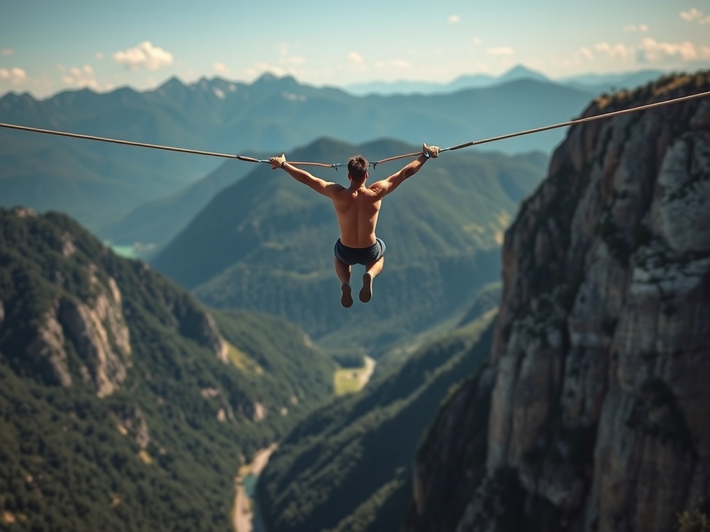 A vivid description of a bungee jumper mid-air against a scenic mountainous backdrop.