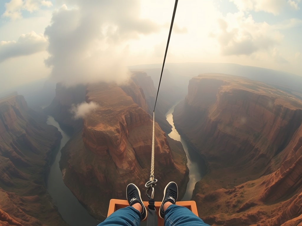a dramatic first-person view standing on a bungee platform overlooking a deep canyon with wind blowing