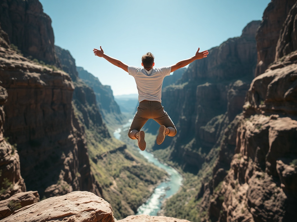 a jumper mid-fall with arms spread wide above a river canyon capturing the feeling of freedom