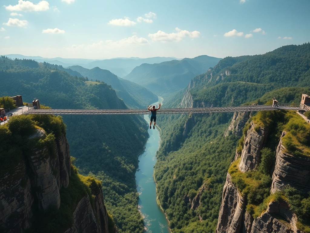 a scenic bungee jumping bridge over a lush river valley with a jumper mid-air