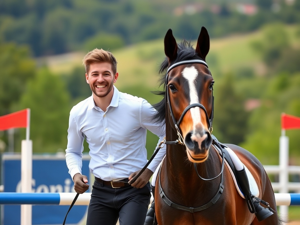 a smiling jumper being pulled back up after a successful jump with scenic background