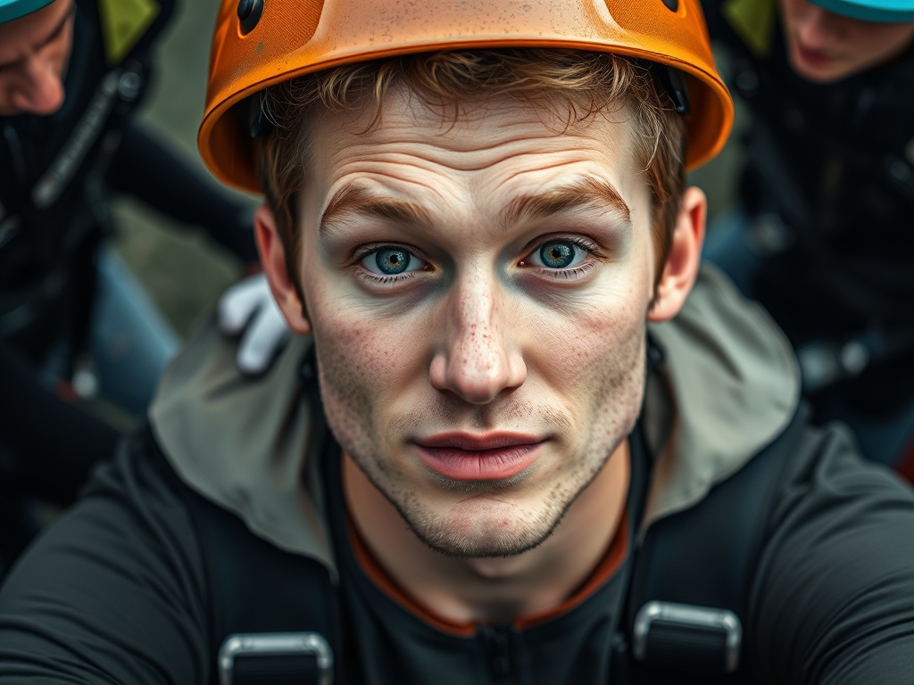 close-up of a person preparing to jump with focused expression and staff assisting with harness